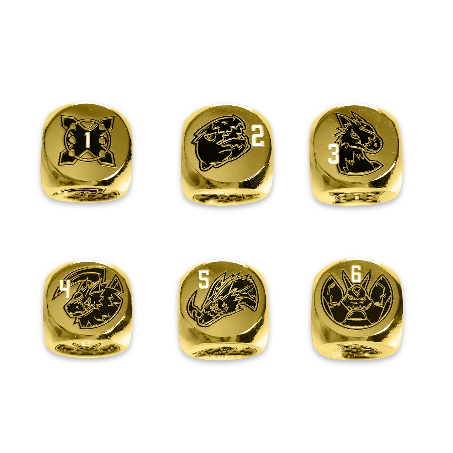 Set of two Draconic Blade gold dice with unique artwork on each side.