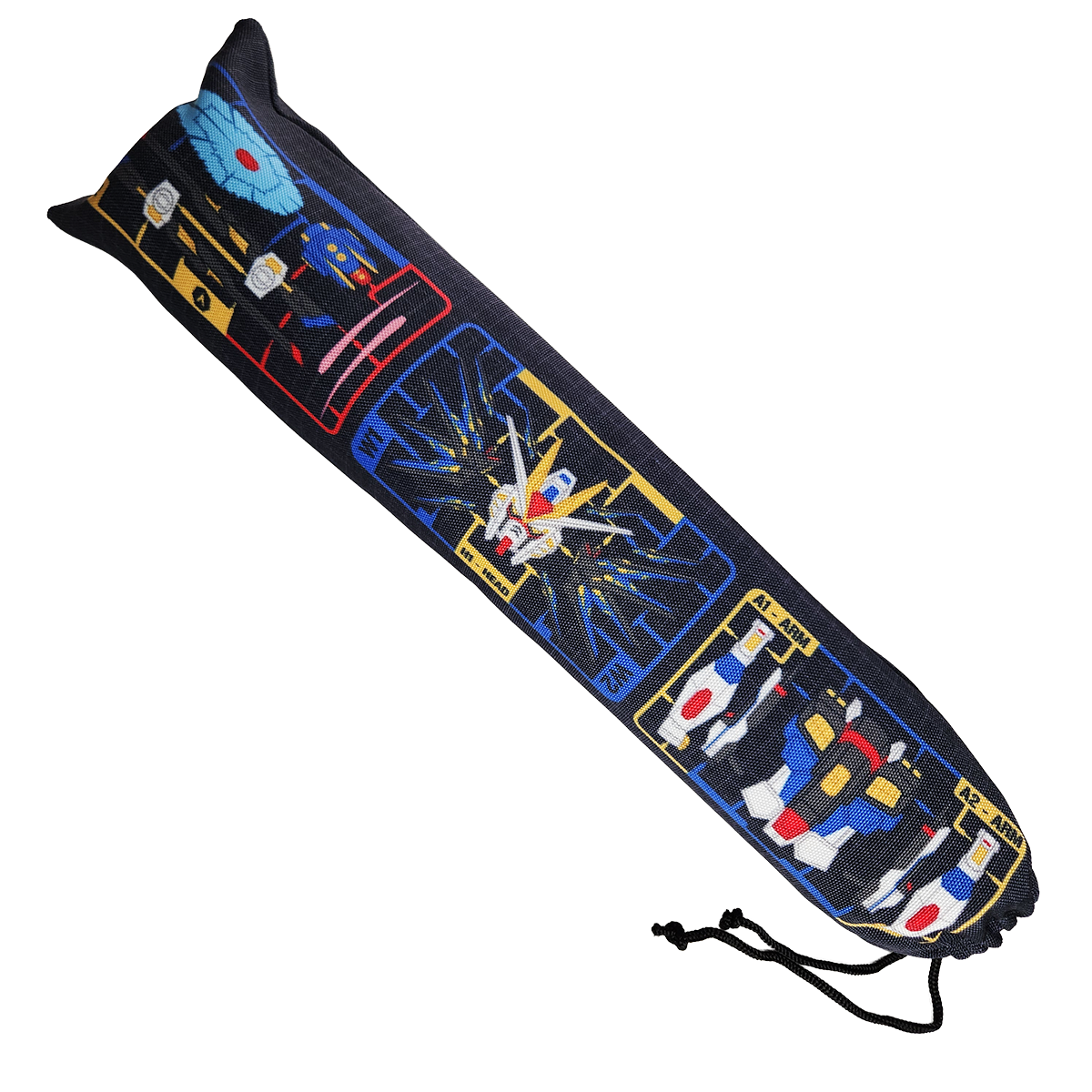 A black drawstring carrying bag featuring a mecha model kit design, shown on a plain white background.