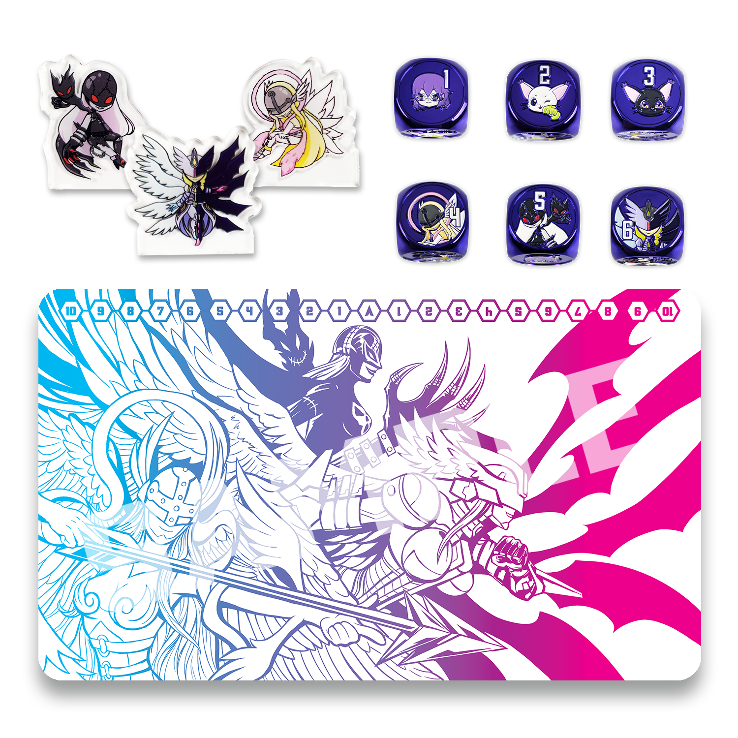 Twilight Angels Bundle that includes 1-Player playmat, dice, and memory markers.