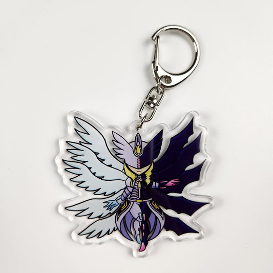 Space Time Angel keychain a mix of angel and devil illustration