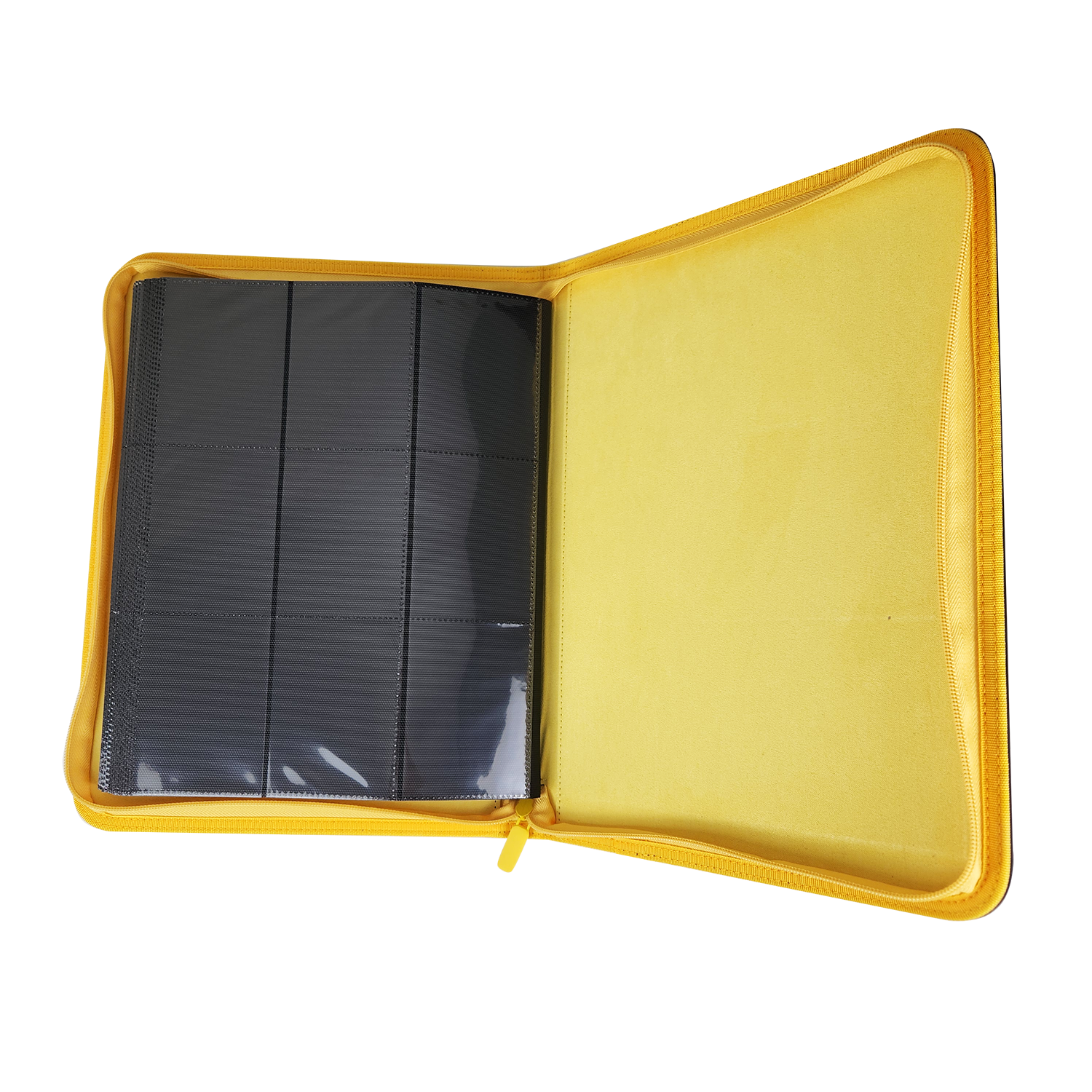 Yellow and black binder with a black pages inside on a white background.