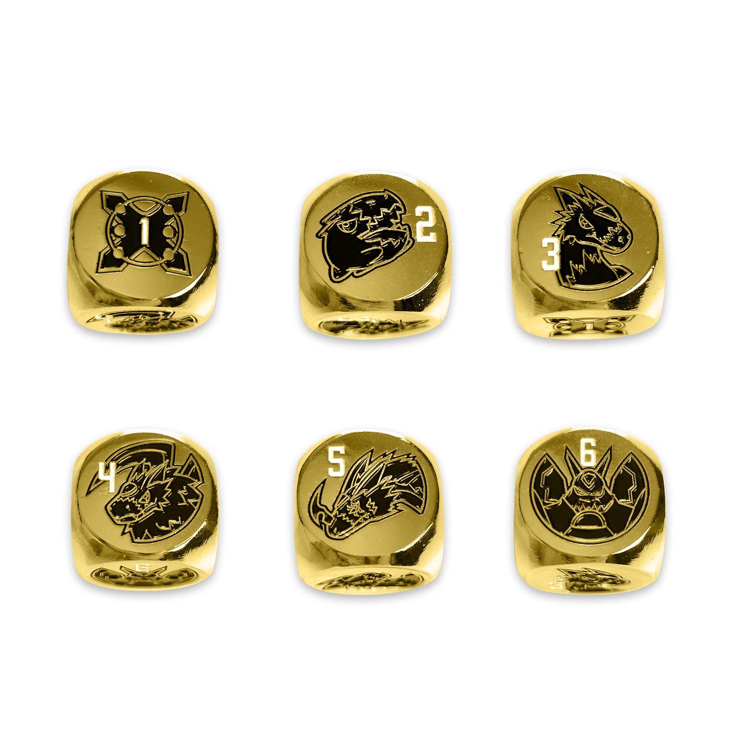 Set of two Draconic Blade gold dice with unique artwork on each side. 