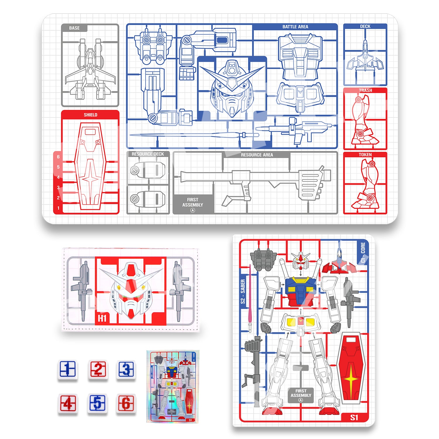 First Assembly Collection that includes a 1-Player Playmat, Deck box, Binder, Dice and Sleeves.