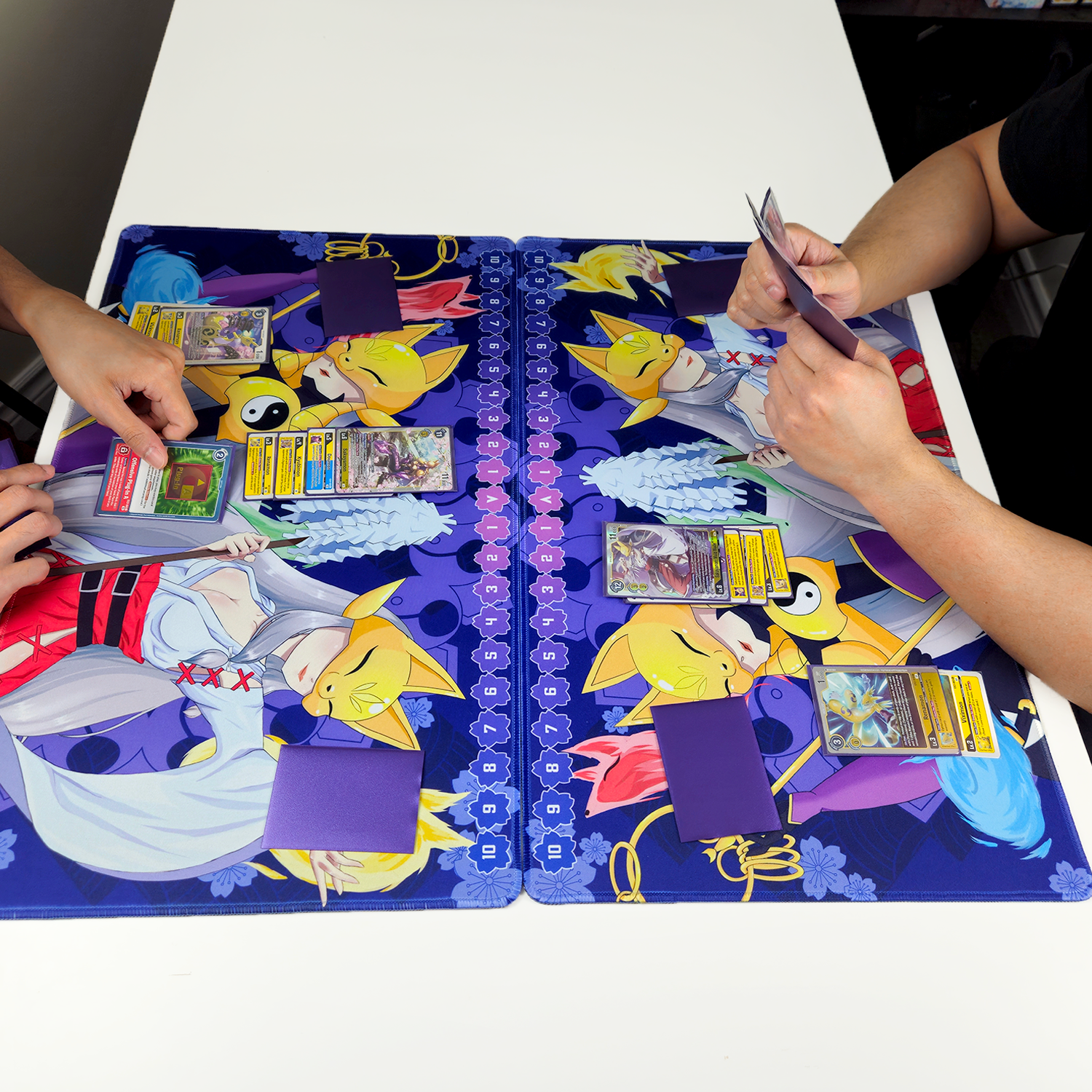 Card game using the Fox Blossom 1-Player Playmats.