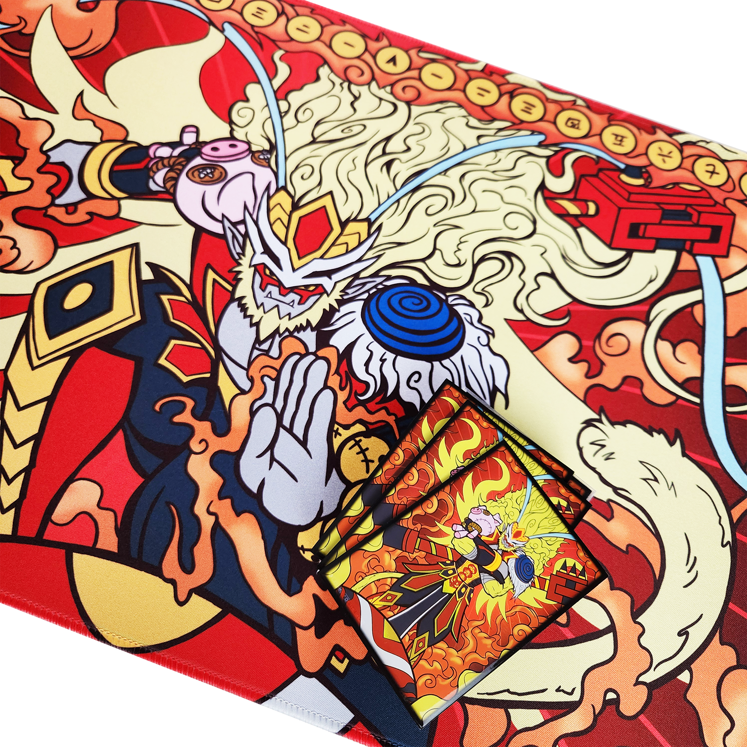 A close-up of a colorful illustrated playmat or card sleeves.