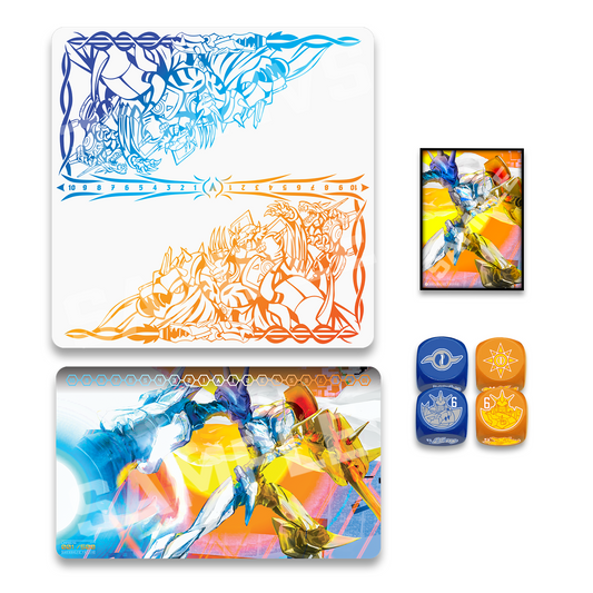 Small collection with cloth playmat, rubber playmat, sleeves and dice.