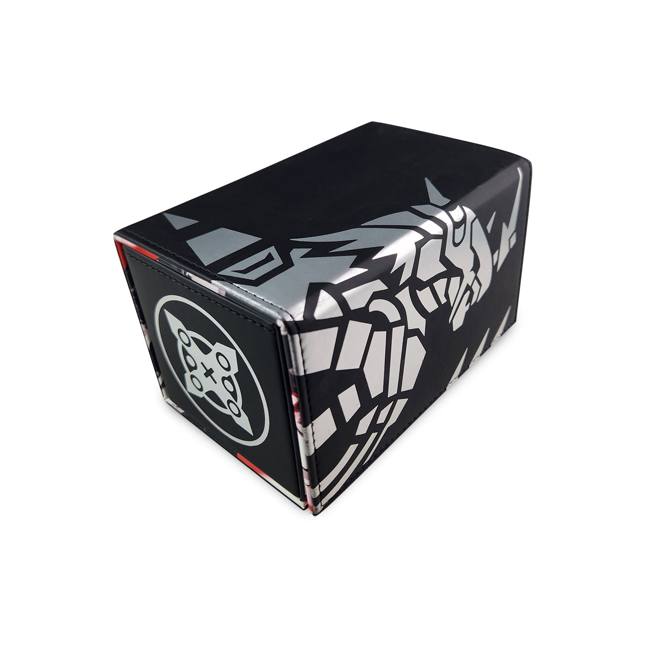 Onyx Burst Deckbox side angle with silver foil artwork. 