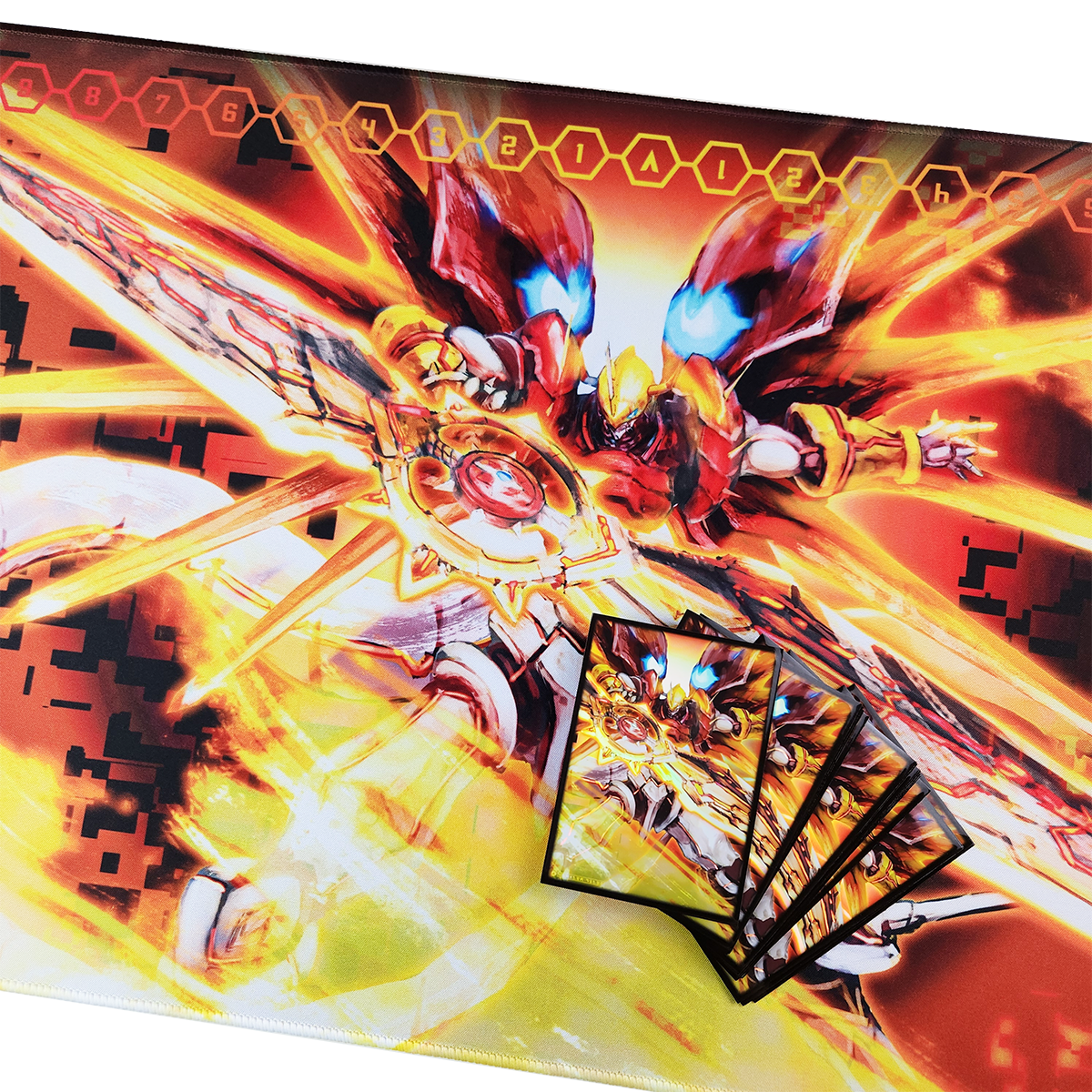 Card game mat with vibrant artwork and card sleeves on a vibrant background