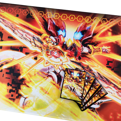 Card game mat with vibrant artwork and card sleeves on a vibrant background