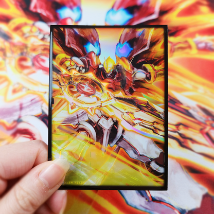 Colorful trading card held by a hand with a vibrant, abstract background