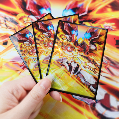 Hand holding three colorful trading cards with vibrant designs against a matching background