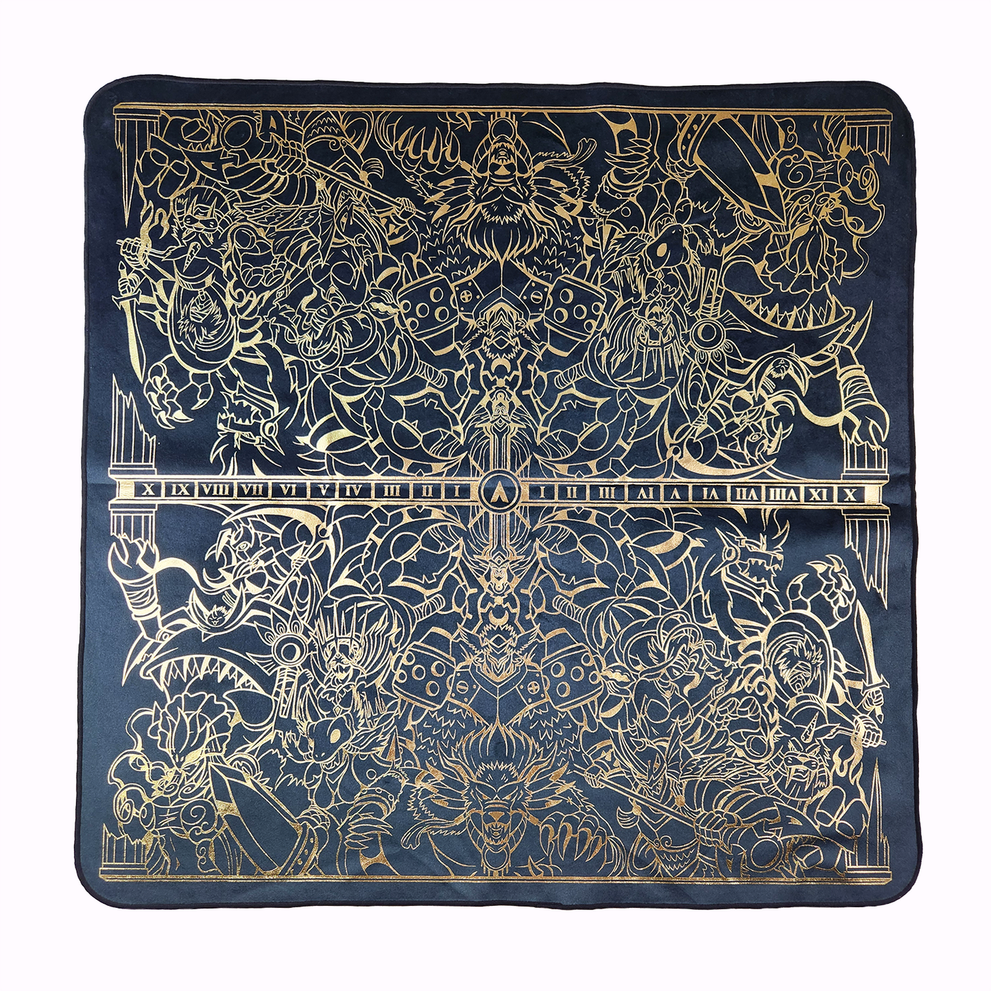 Realm of Gods 2-player playmat printed with gold foil on black fabric. 