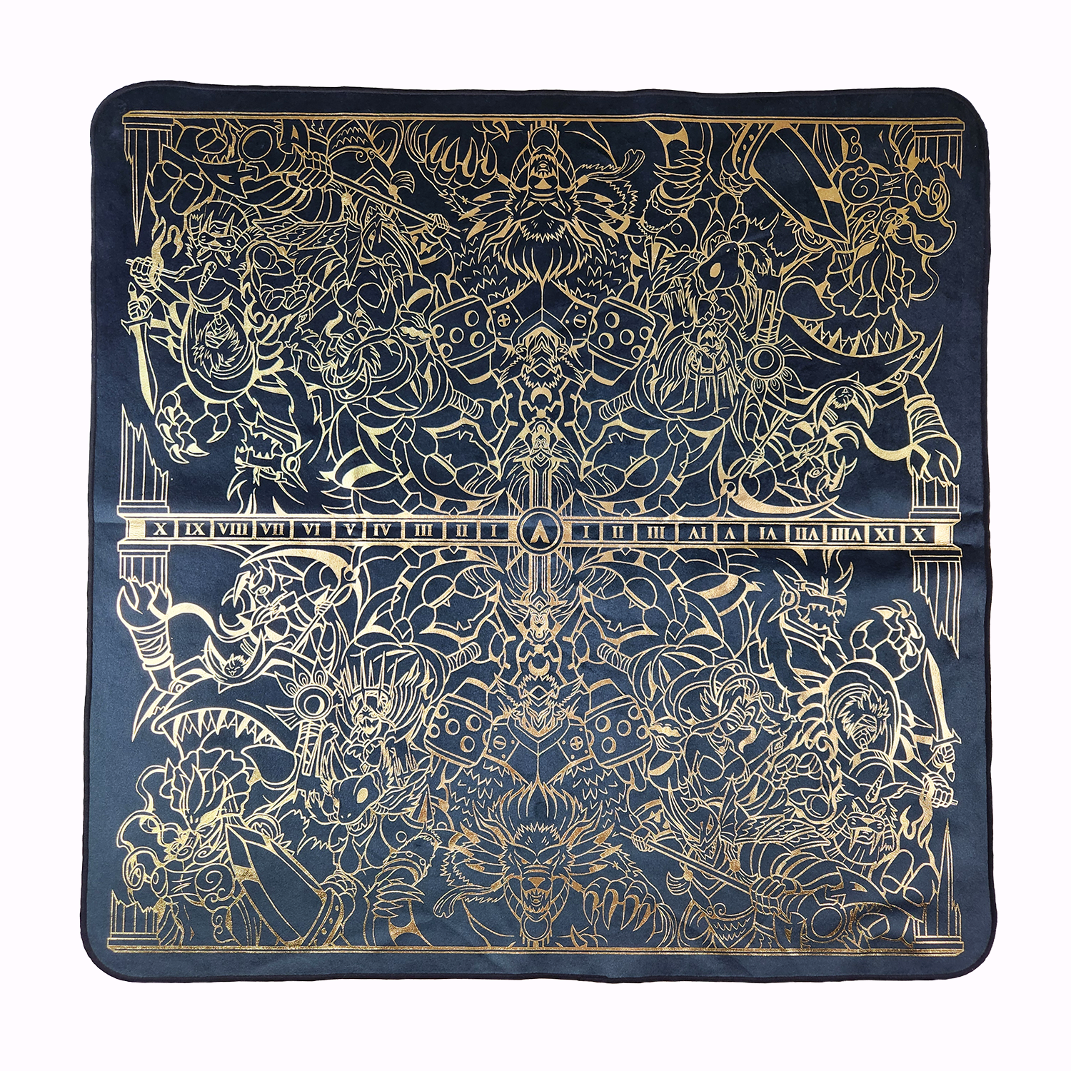 Realm of Gods 2-player playmat printed with gold foil on black fabric. 