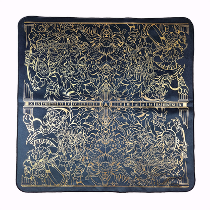 Realm of Gods 2-player playmat printed with gold foil on black fabric. 