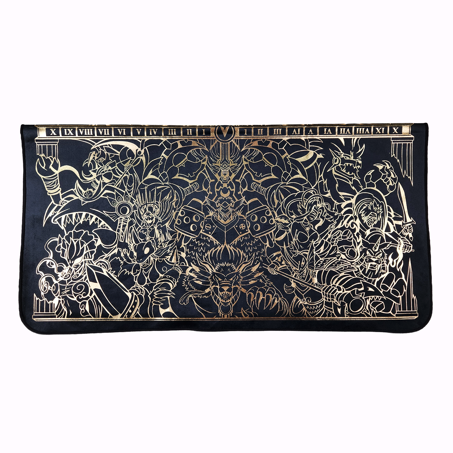 Realm of Gods 2-player playmat printed with gold foil on black fabric folded in half. 