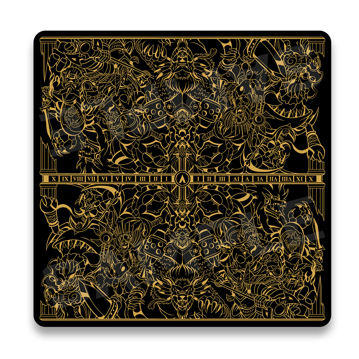 Realm of Gods 2-player cloth playmat black fabric with gold foil. 