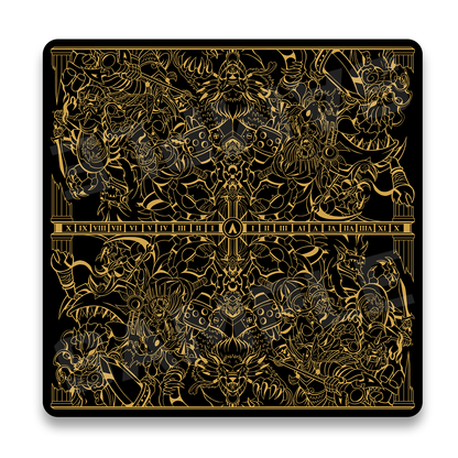 Realm of Gods 2-player cloth playmat black fabric with gold foil. 