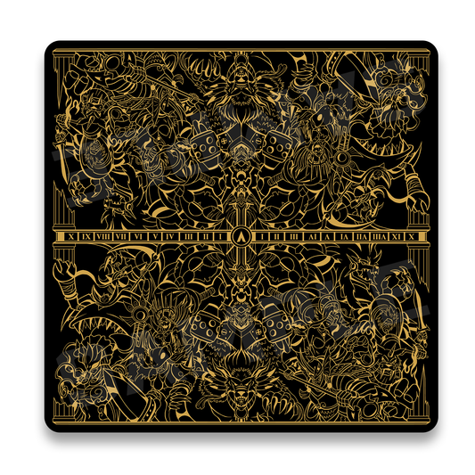 Realm of Gods 2-player cloth playmat black fabric with gold foil. 