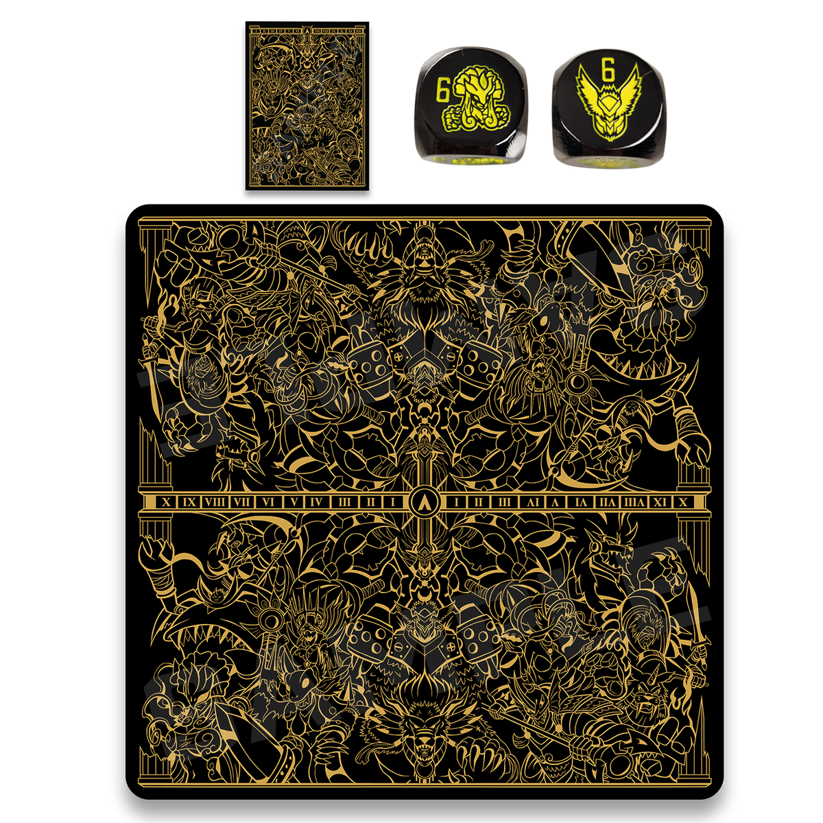 Realm of Gods collection including 2-player cloth playmat, dice and matching sleeves. 