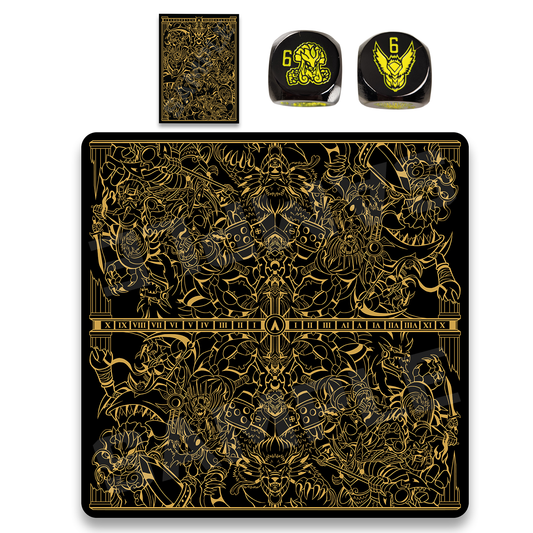 Realm of Gods collection including 2-player cloth playmat, dice and matching sleeves. 