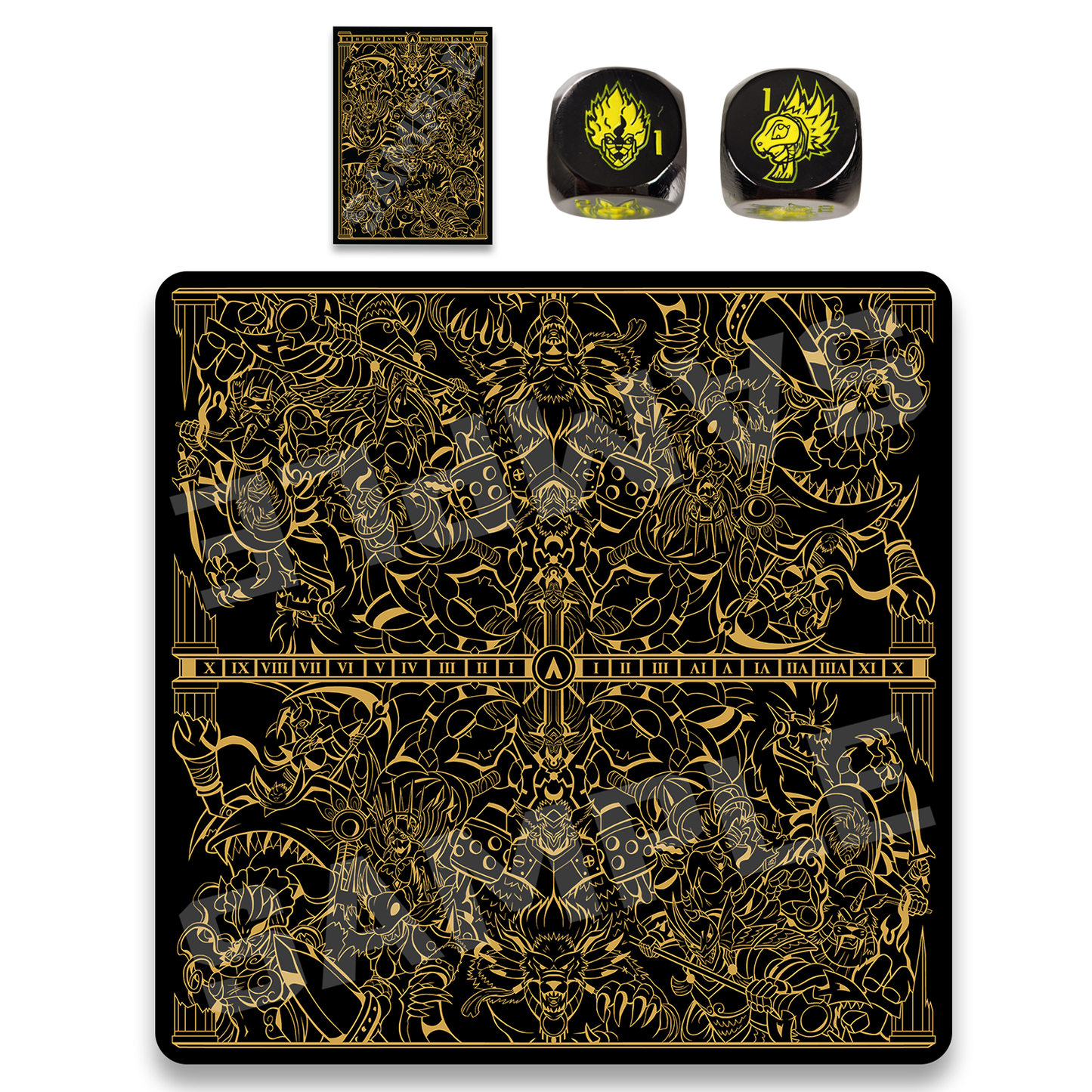 Realm of Gods collection includes a 2-Player cloth playmat, matching sleeves and a set of 2 dice that has 12 difference characters. 