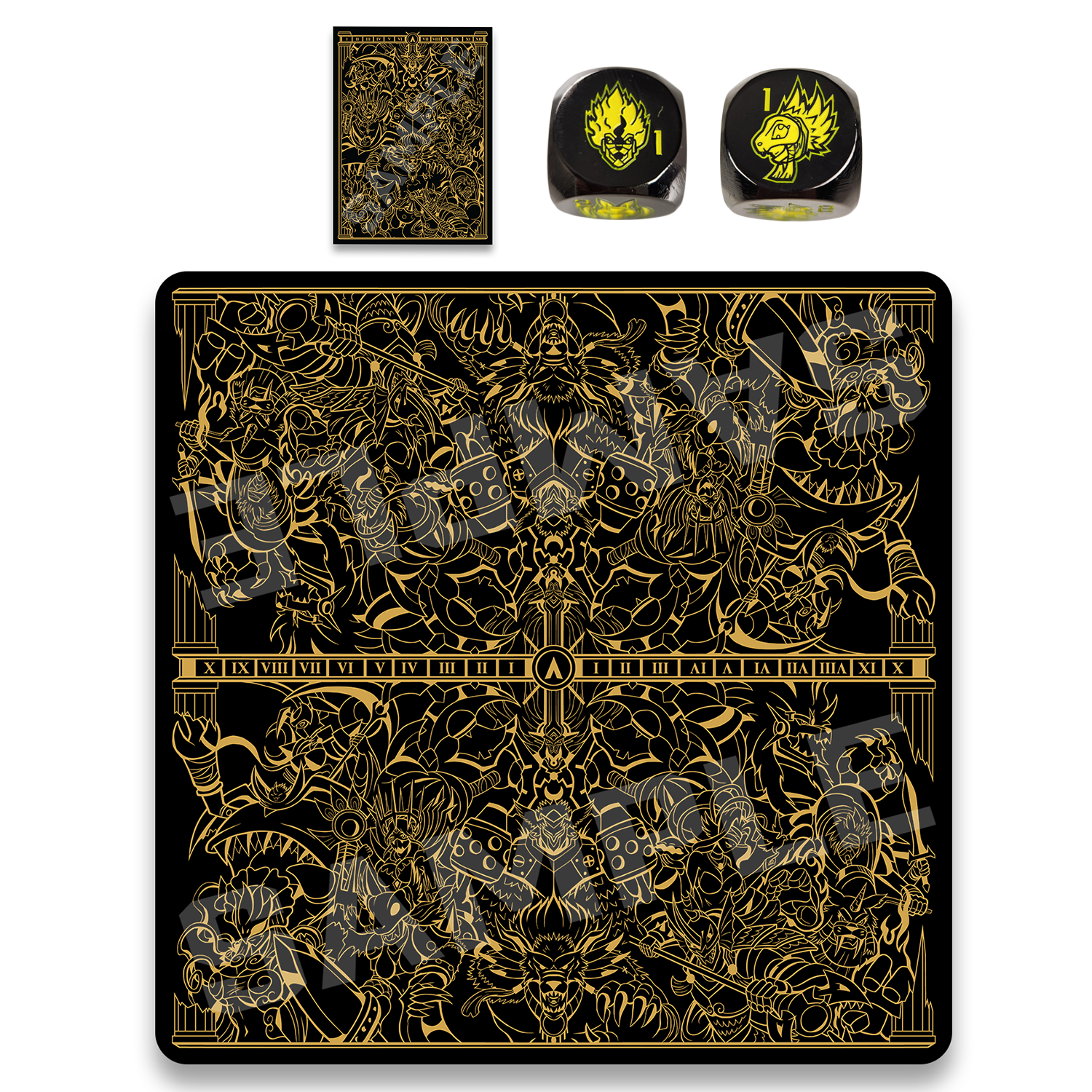 Realm of Gods collection includes a 2-Player cloth playmat, matching sleeves and a set of 2 dice that has 12 difference characters. 