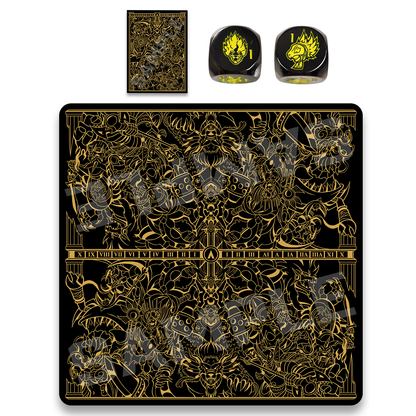 Realm of Gods collection includes a 2-Player cloth playmat, matching sleeves and a set of 2 dice that has 12 difference characters. 