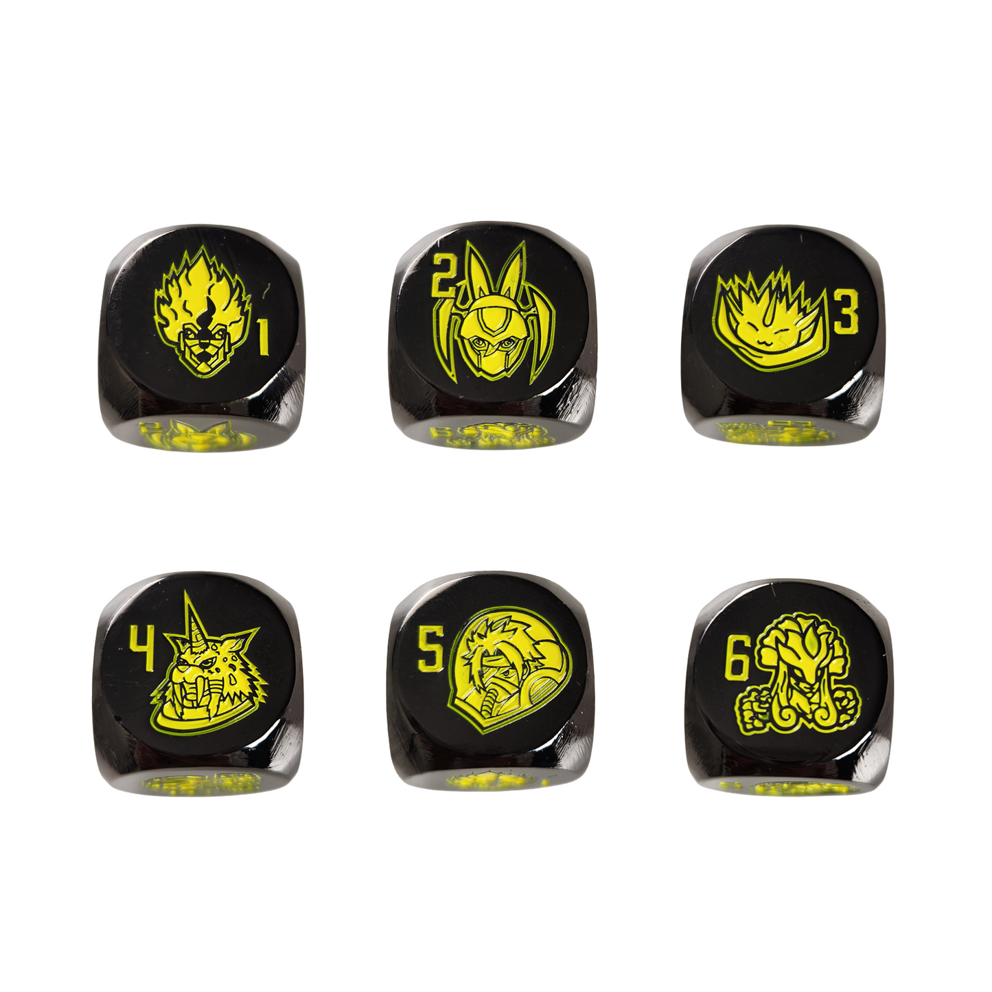 Six black metal dice with bright yellow illustrations and numbers 1 through 6, arranged in two rows on a plain white background.