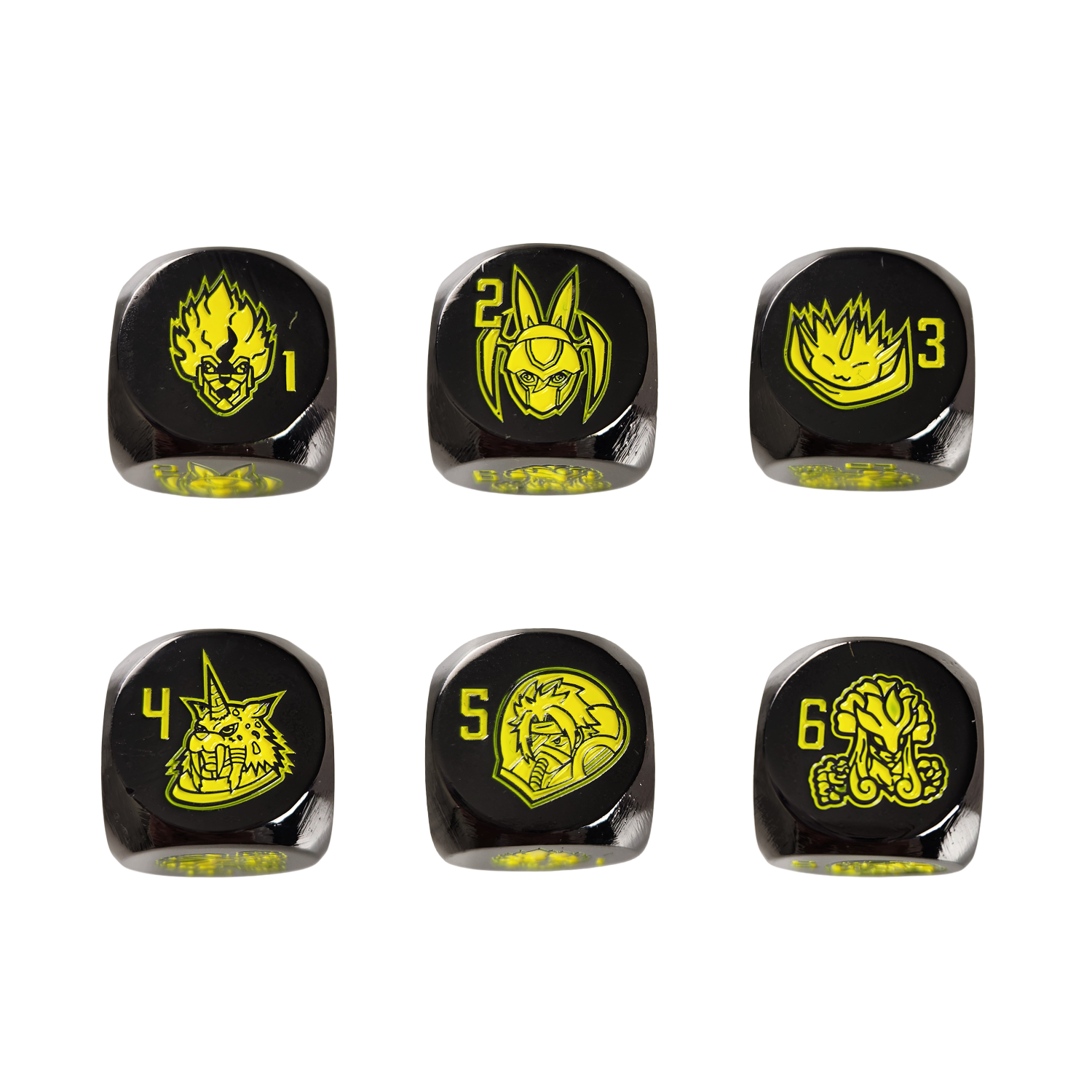 Six black metal dice with bright yellow illustrations and numbers 1 through 6, arranged in two rows on a plain white background.