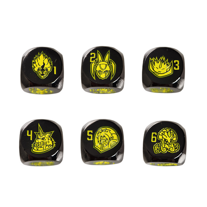 Six black metal dice with bright yellow illustrations and numbers 1 through 6, arranged in two rows on a plain white background.