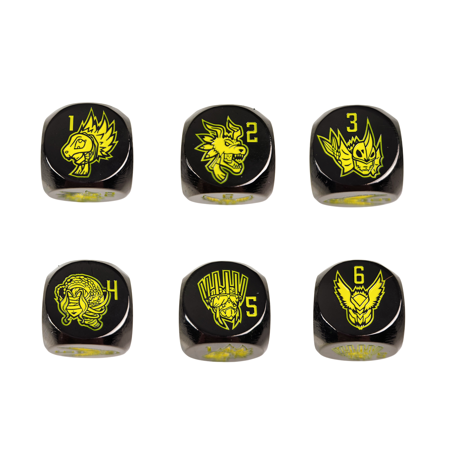 Six black metal dice with yellow painted artwork and numbers 1 through 6, arranged in two rows on a white background.