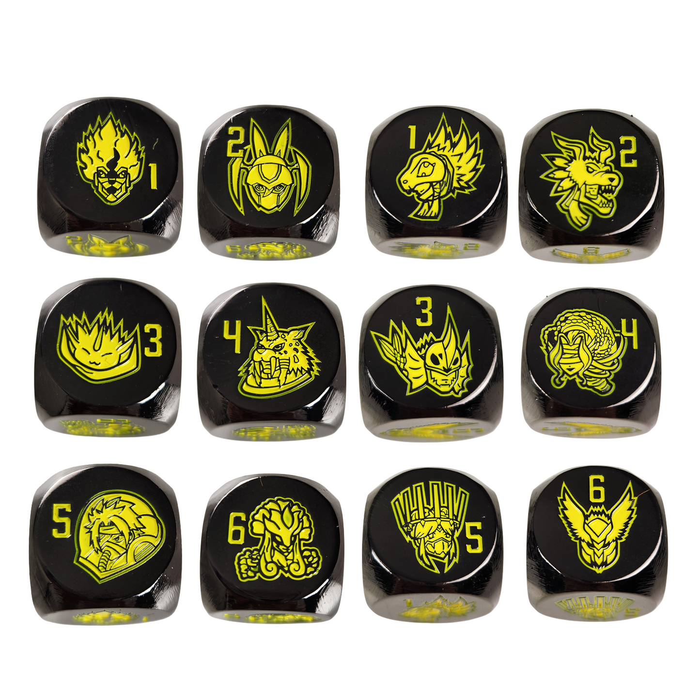 2 sets of dice with 12 different characters in total. 