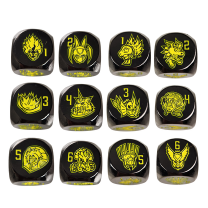 2 sets of dice with 12 different characters in total. 