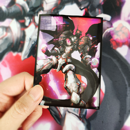 Hand holding a card with an epic illustration against a colorful, abstract background