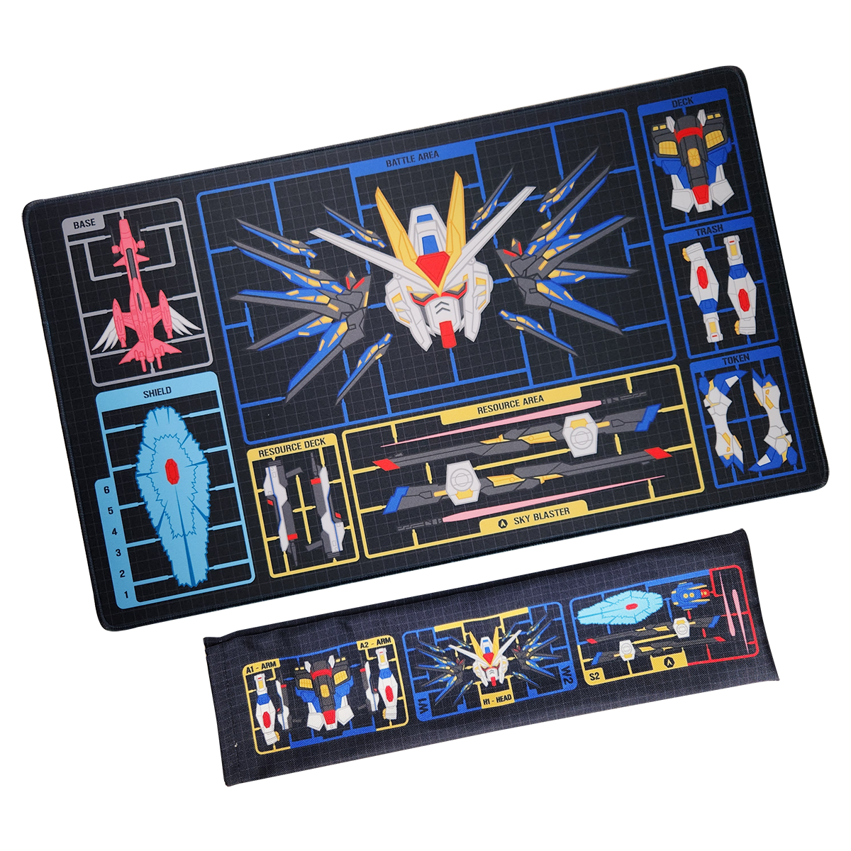 A rectangular gaming playmat with a mecha model kit design, shown alongside its matching fabric playmat bag on a plain white background.