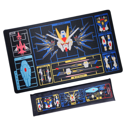 A rectangular gaming playmat with a mecha model kit design, shown alongside its matching fabric playmat bag on a plain white background.