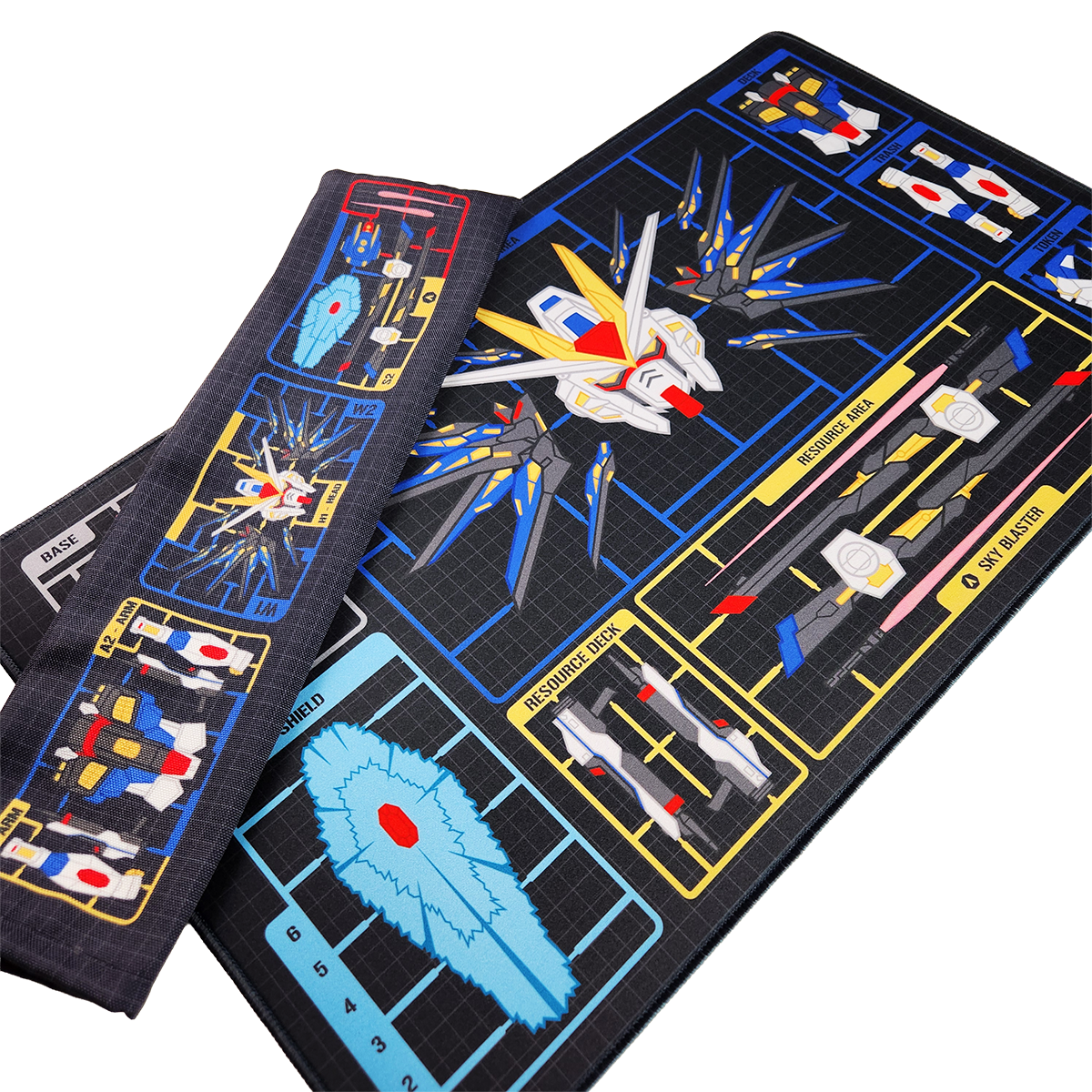 A set of mecha-themed playmat and playmat bag on a plain white background. The playmat is fully displayed, showing various mecha designs and weapon illustrations.