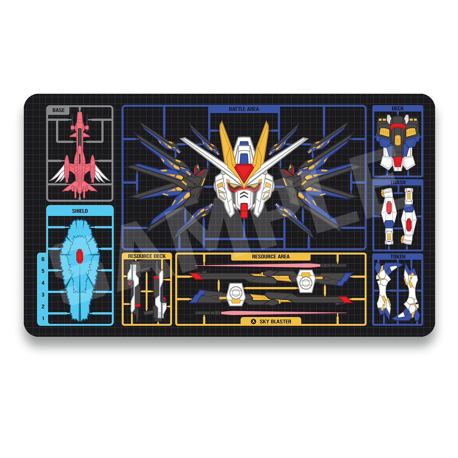 A rectangular gaming playmat featuring mecha model kit design elements, including a central robot head, various weapon and vehicle panels, and a dark grid background, shown on a plain white background.