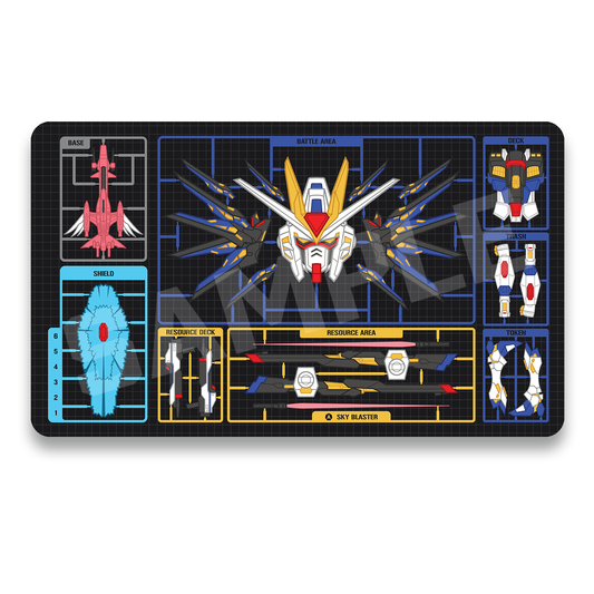 A rectangular gaming playmat featuring mecha model kit design elements, including a central robot head, various weapon and vehicle panels, and a dark grid background, shown on a plain white background.