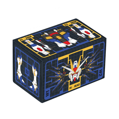 A Deck Box featuring sci-fi mecha-themed artwork in blue, yellow, white, and red, shown on a plain white background.