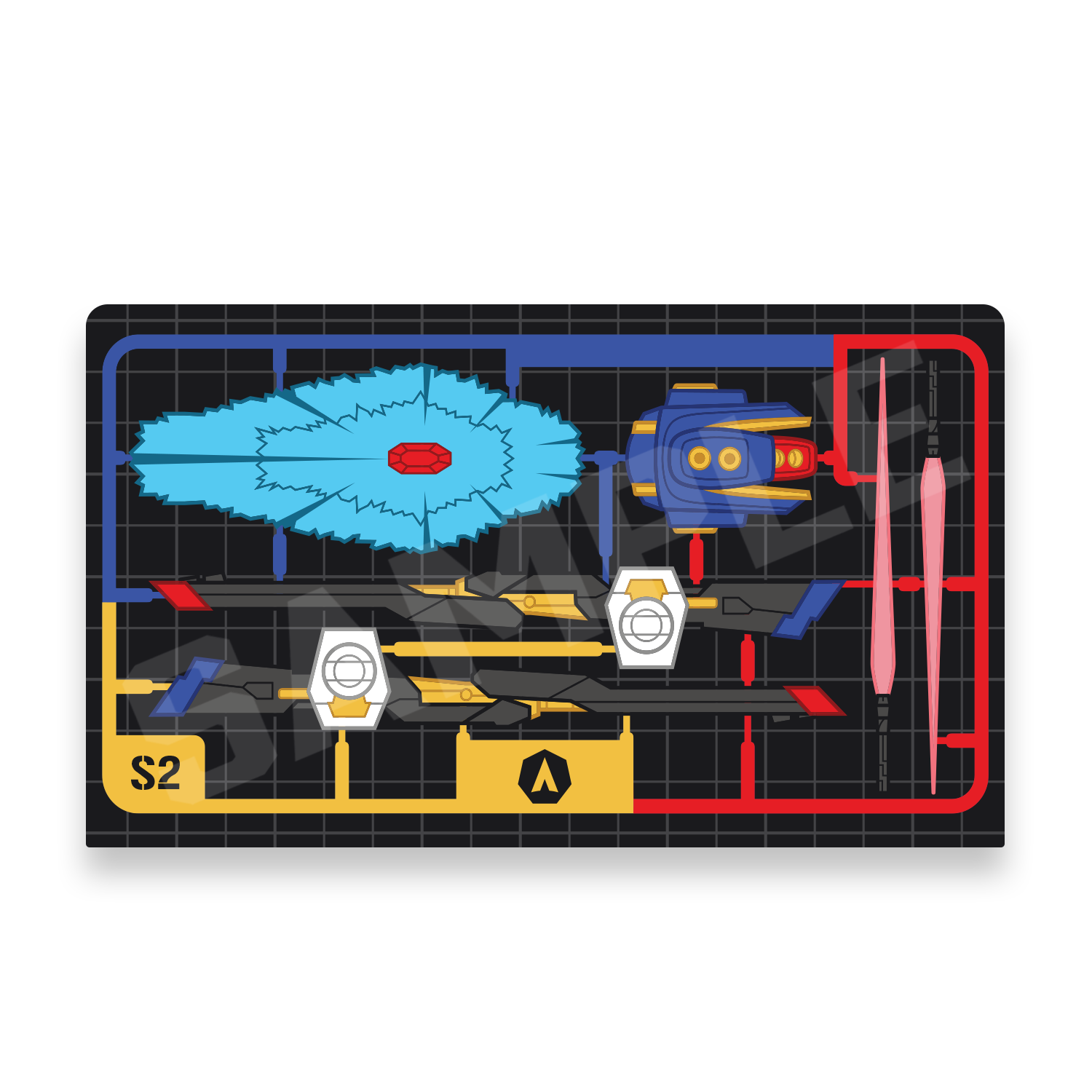 The back of the deck box with a black background and colorful illustrated mechanical parts, including blue, red, yellow, and pink elements, shown on a plain white background.