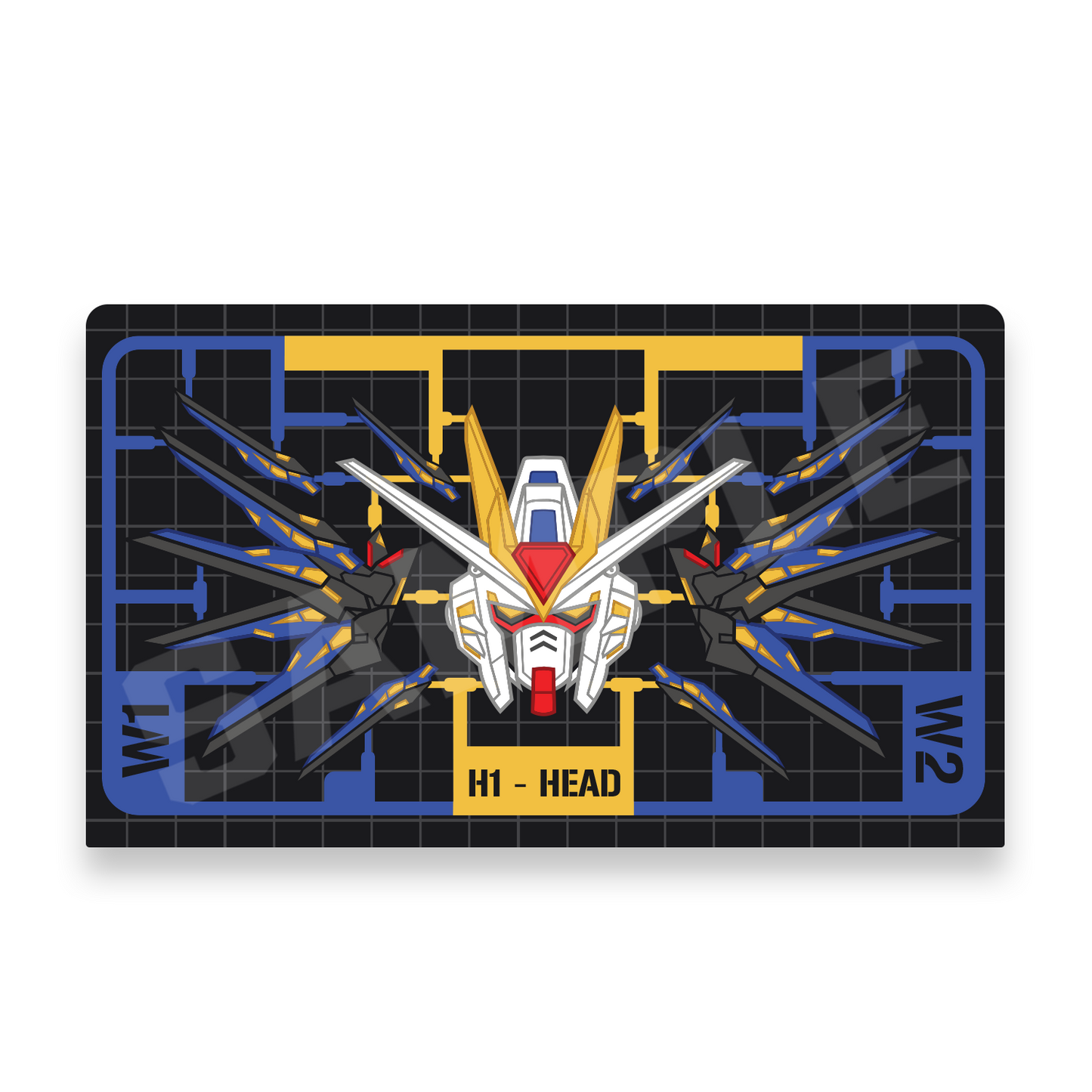 A rectangular gaming playmat featuring a robot design on a black grid background with blue and yellow accents.