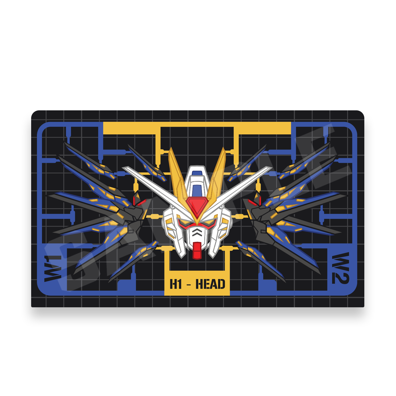 A rectangular gaming playmat featuring a robot design on a black grid background with blue and yellow accents.