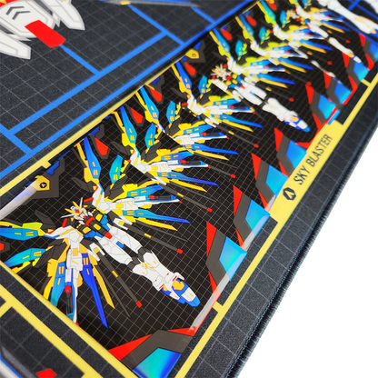 Close-up of Sky Blaster sleeves on a matching  gaming playmat featuring a sci-fi mecha artwork, with a black grid background, and blue tactical lines.