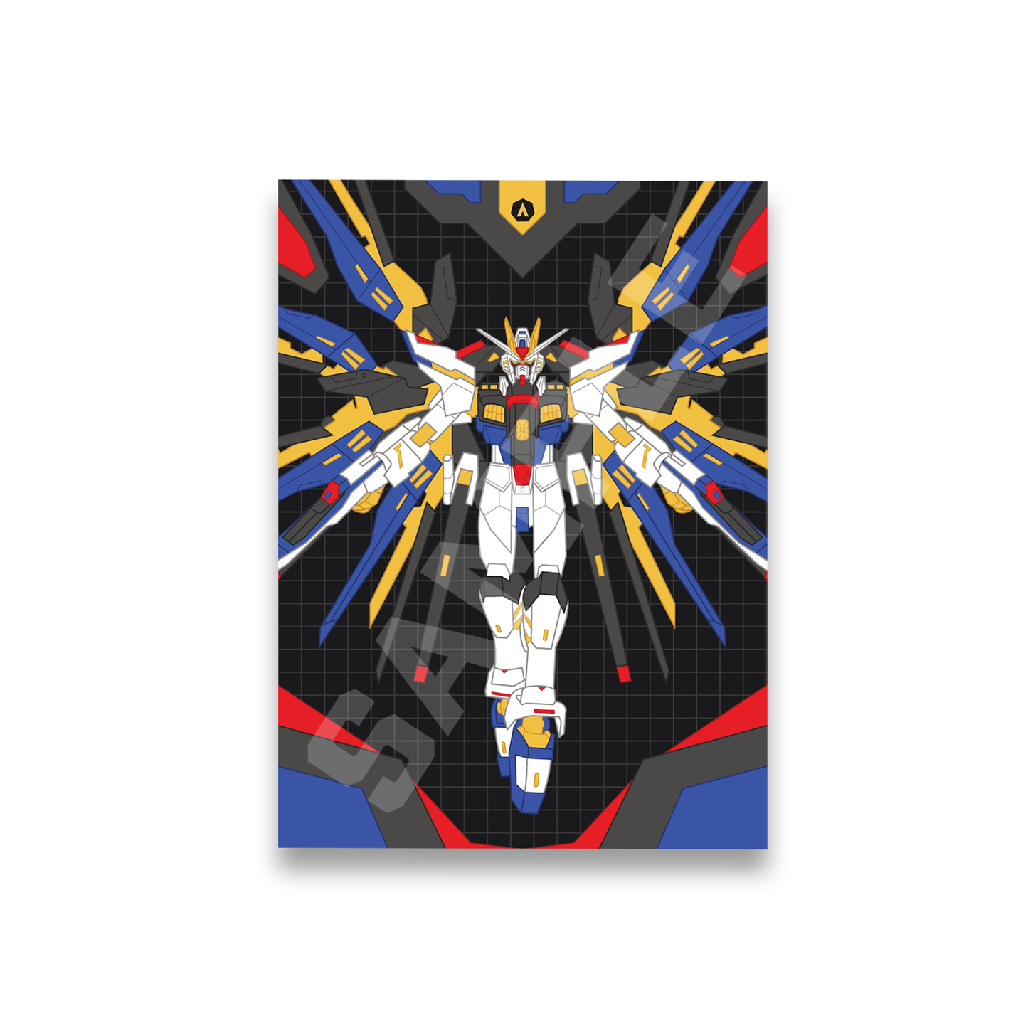 A shiny holographic sleeve featuring a mecha robot centered on a black grid background with blue, yellow, and red geometric rays. The print is shown against a plain white background with a subtle drop shadow.