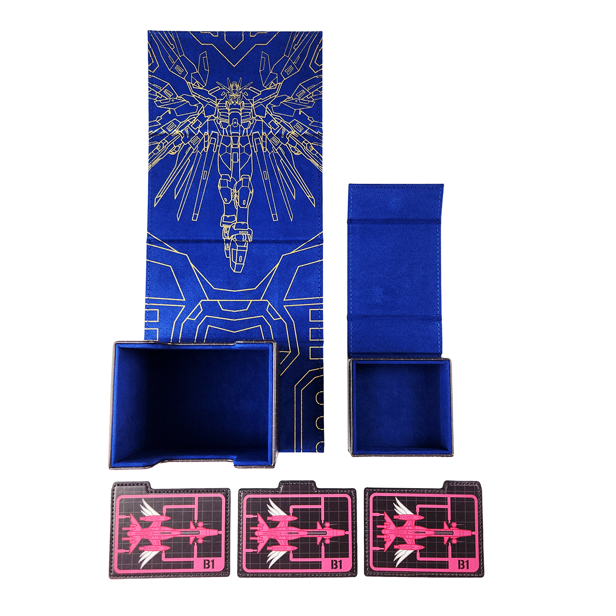 A blue and pink robot-themed card deck box set, featuring a long vertical box with a blue background and gold line art of a mecha robot, a dice tray and three dividers.