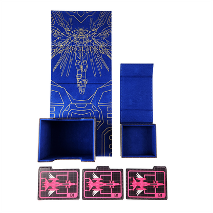 A blue and pink robot-themed card deck box set, featuring a long vertical box with a blue background and gold line art of a mecha robot, a dice tray and three dividers.