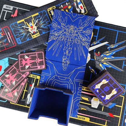 A mecha-themed tabletop gaming set laid out on a white background, including a deck box, playmat,and sleeves.