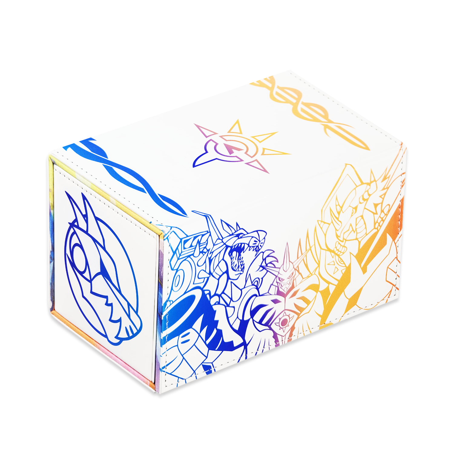 Colorful card holder with dragon illustrations on a white background