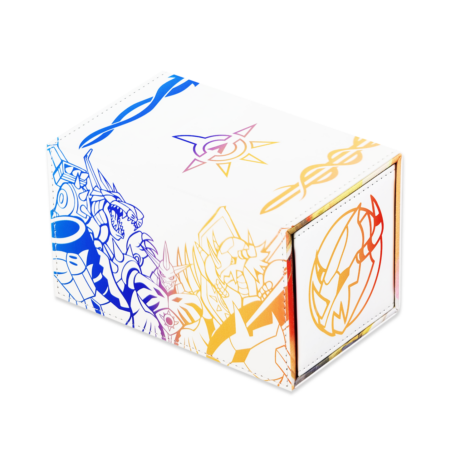 Colorful design on a white deck box.